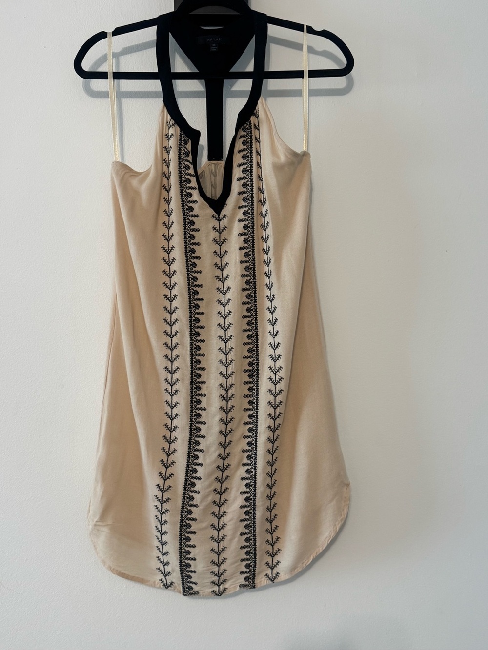 Aryn K Beige One-Shoulder Embroidered Tank with Black Trim
